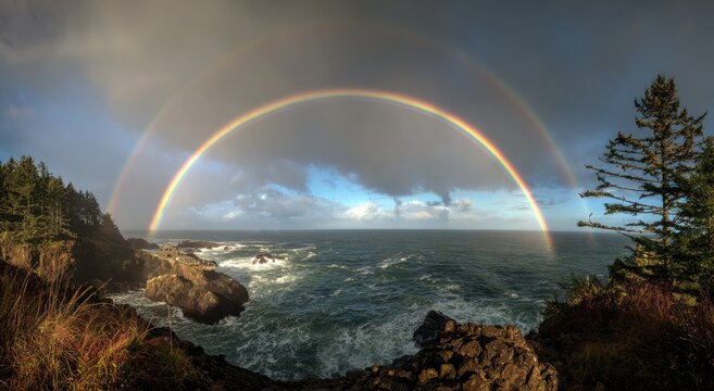 Scenic coastal view with a vibrant double rainbow over a rocky shoreline and rough sea