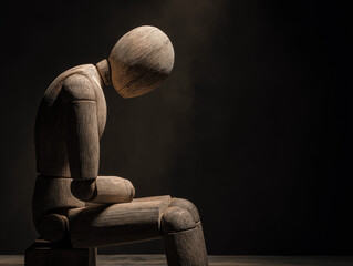 Wooden mannequin sitting with head down, isolated from group, expressing sadness, loneliness, and emotional exclusion in dark ambient lighting.
