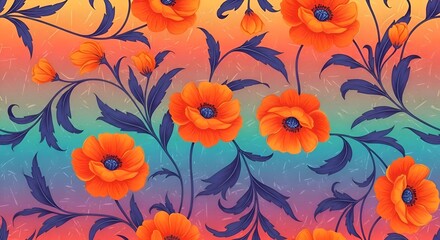 Vibrant Orange Poppies and Blue Foliage on a Seamless Gradient Background Pattern