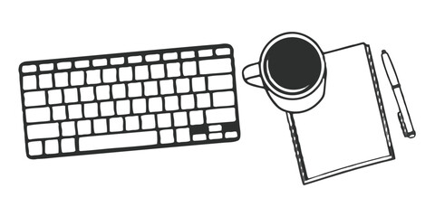 Minimal Workspace Setup — Wireless Keyboard, Coffee Mug & Notepad