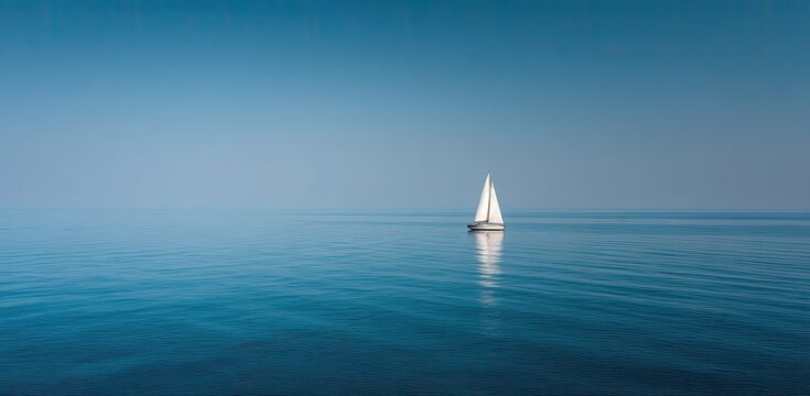 A sailboat with white sails is sailing on a calm blue sea under a clear blue sky