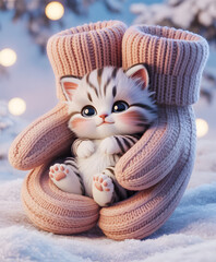 An adorable 3D illustration of a fluffy, big-eyed tabby kitten nestled securely inside a pair of chunky knit, pink mittens. The scene is set outdoors in the snow with soft bokeh Christmas lights.