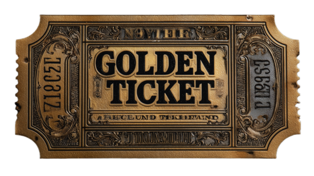 Vintage golden ticket, ornate engraved style invitation, premium collectible access pass