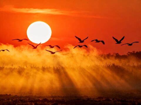 Silhouettes of birds flying over a misty field at sunrise with radiant sunbeams