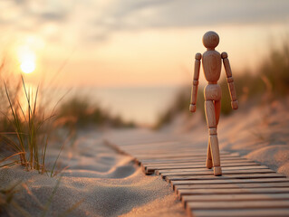 Wooden mannequin walking along sand path toward sunrise, expressing mindfulness, freedom, emotional release, and personal peace through simplicity and reflection.