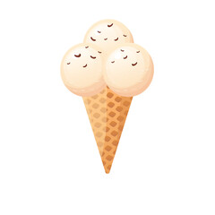 Three scoops of creamy vanilla ice cream in a golden brown waffle cone with a transparent background perfect for summer treats