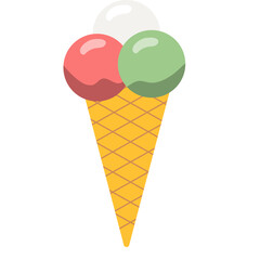 Three Scoops of Ice Cream in a Waffle Cone White Red and Green Flavors on a Transparent Background