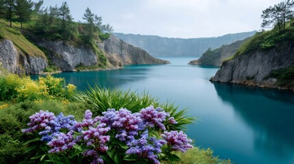 Turquoise lake with cliffs and blooming purple flowers