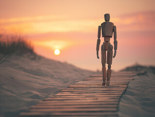 Wooden mannequin walking along sand path toward sunrise, expressing mindfulness, freedom, emotional release, and personal peace through simplicity and reflection.