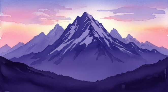 Watercolor painting of mountain range at sunrise or sunset