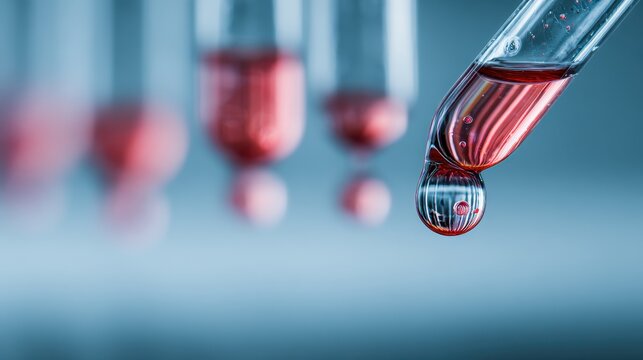 Laboratory experiment showing precision drop of red liquid from test tube in scientific setting