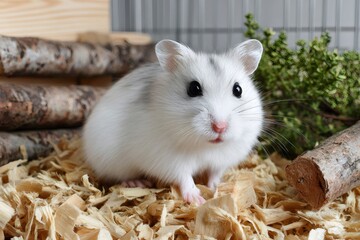 Obraz premium Dwarf hamster standing on wood shavings in cage