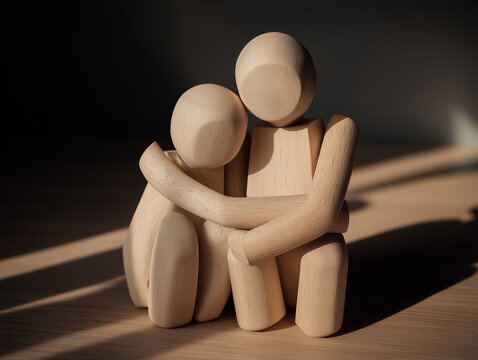 Wooden model under soft light surrounded by shadows, expressing vulnerability, compassion, and healing through emotional awareness and social connection.