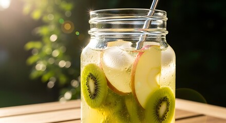 Refreshing fruit-infused water with kiwi and apple slices in a glass jar.