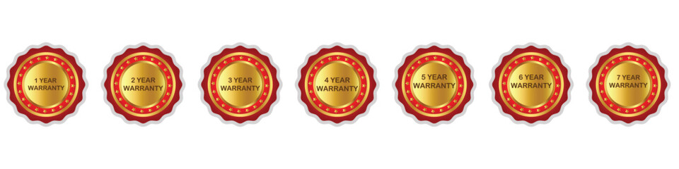 Gold and Red Warranty Badge Labels – 1 to 7 Year Guarantee Icons Set