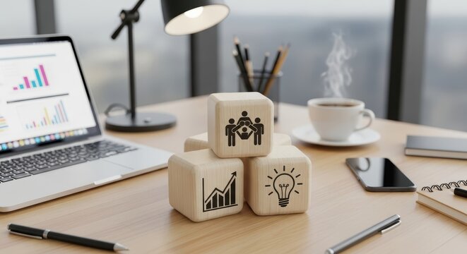 Wooden blocks display teamwork growth and innovation concepts