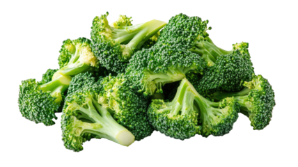 Grilled broccoli showing roasted green florets with smoky texture and healthy vegetable food detail isolated on white background