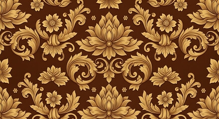 Fototapeta premium Classic Vintage Floral Ornament – Rich Brown and Gold Seamless Baroque Pattern for Luxury Interior Design