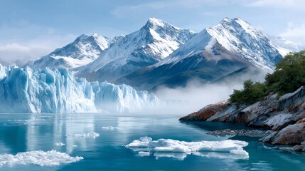 Imposing glacier forming a barrier on a clear lake