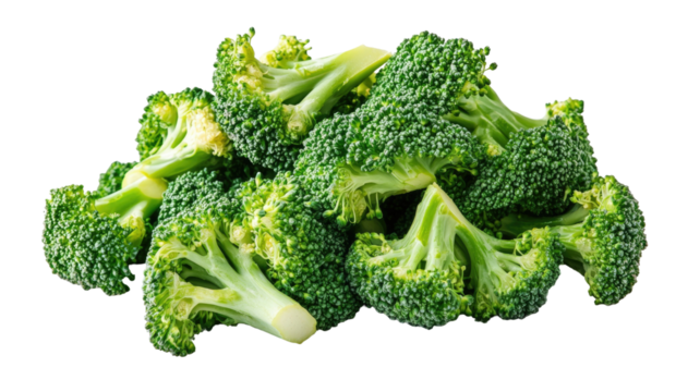 Grilled broccoli showing roasted green florets with smoky texture and healthy vegetable food detail isolated on white background