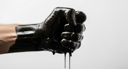 human hands clenched tightly in thick black oil ,a Symbol of Industrial Power, Strength, and Resistance