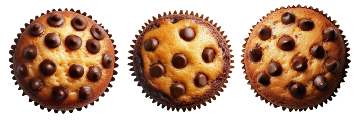 Chocolate chip muffin in paper cup, top view food, isolated on white background. Concept of sweet baked dessert