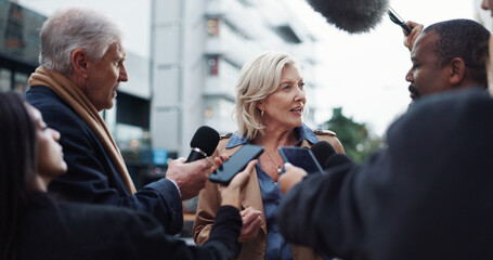 Politician, woman or talk with journalist for election announcement, campaign opinion or reaction....