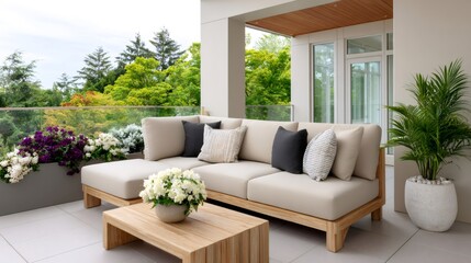 Obraz premium Modern outdoor patio living area with comfortable sofa