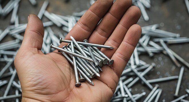 Close-Up of a Worker’s Hand Holding Metallic Nails, Industrial Detail Shot Highlighting Steel Texture, Craftsmanship, and the Beauty of Raw Materials in Manual Labor