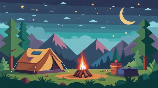 Camping Night Illustration Tent, Bonfire, Mountains, Stars