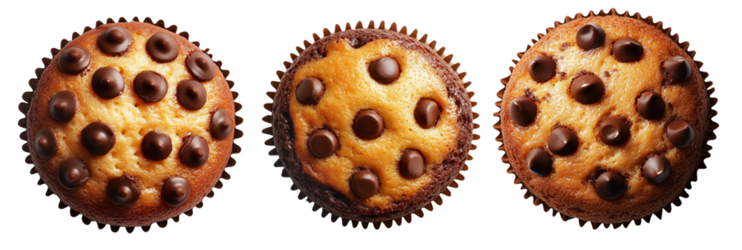 Chocolate chip muffin in paper cup, top view food, isolated on white background. Concept of sweet baked dessert