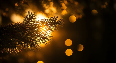A festive pine branch with golden bokeh lights creating a magical atmosphere