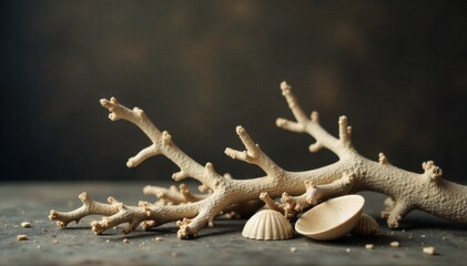Naklejka premium Coral Garden Vignettes Abstract arrangements of dried, vintage coral branches and delicate shells, styled with a nostalgic aesthetic. Still life composition of dried vintage coral branches and