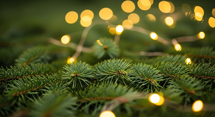 Christmas tree branches with warm lights creating a festive atmosphere