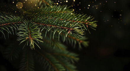 A festive close-up of a fir tree branch with shimmering bokeh lights