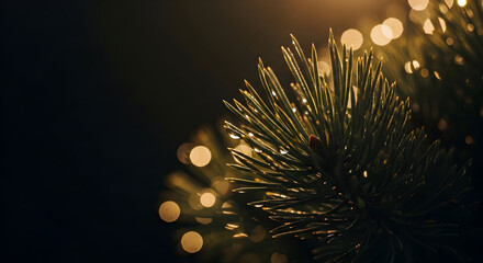Close-up of Evergreen Branch with Water Droplets and Bokeh Lights Festive