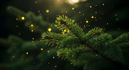 Close-Up of Evergreen Branch with Bokeh Lights, a Festive and Magical Feel