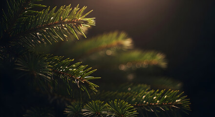 Close-up of evergreen tree branches against dark background, showcasing foliage