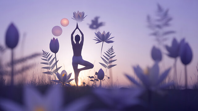 Silhouette of a person practicing yoga in a floral field at sunset