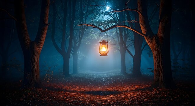 A solitary vintage lantern illuminates a path in a dark, mysterious, and foggy forest at night, casting a warm, magical glow - Powered by Adobe