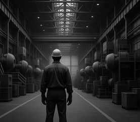 A worker stands in the center of a production workshop with machines.