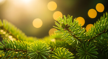 Close-up of Vibrant Green Spruce Tree Branch with Bokeh Lights Background