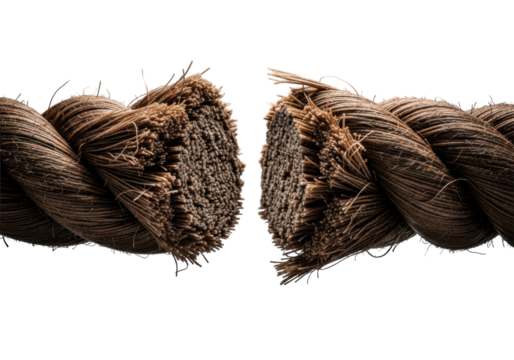 Severed thick nautical rope, dark brown, exposing intricate core and weathered fibers in macro, on transparent with dramatic chiaroscuro. Concept of strength and complexity