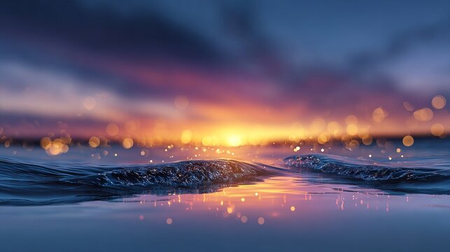 Serene sunset over gentle ocean waves with vibrant colors and dreamy bokeh abstract landscape background for posters web banners wallpapers social media headers and calming design projects