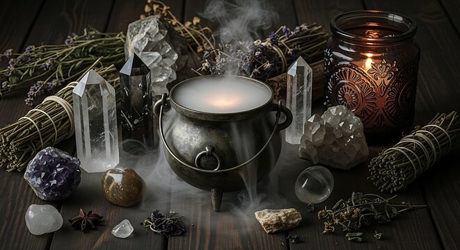 Mystical cauldron with glowing crystals and herbs, emitting ethereal smoke for a magical atmosphere