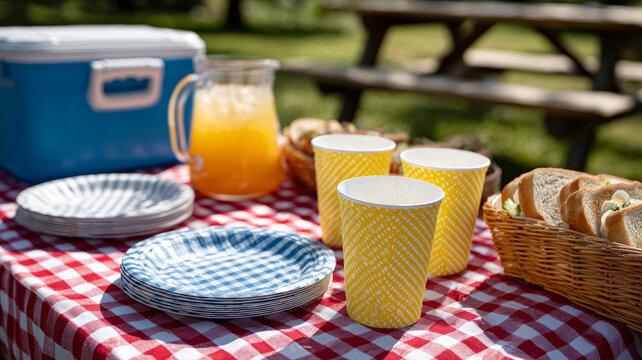 Outdoor picnic setup with drinks and food on a sunny day.