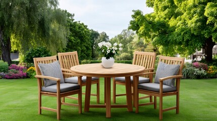 Obraz premium Teak wood dining set on green garden lawn