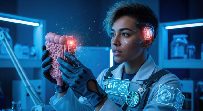 Futuristic scientist in a high-tech lab examining a 3D organ.