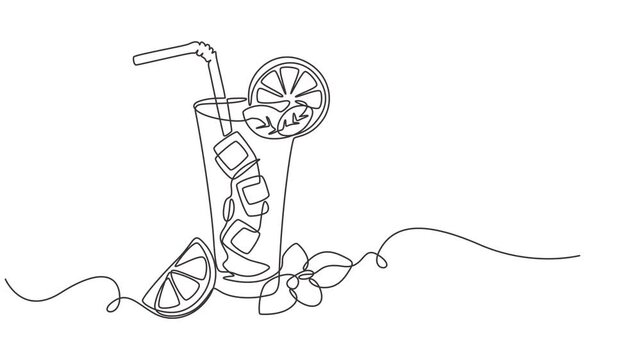 Abstract Cold Mojito Cocktail with lime and mint straw, Self drawing animation one continuous line draw, logo, Glass of mojito, or cocktail with lemon and mint. Continuous line drawing. full length.