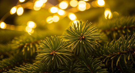 Festive Fir: Close-Up of Christmas Tree Branches with Bokeh Lights Twinkling